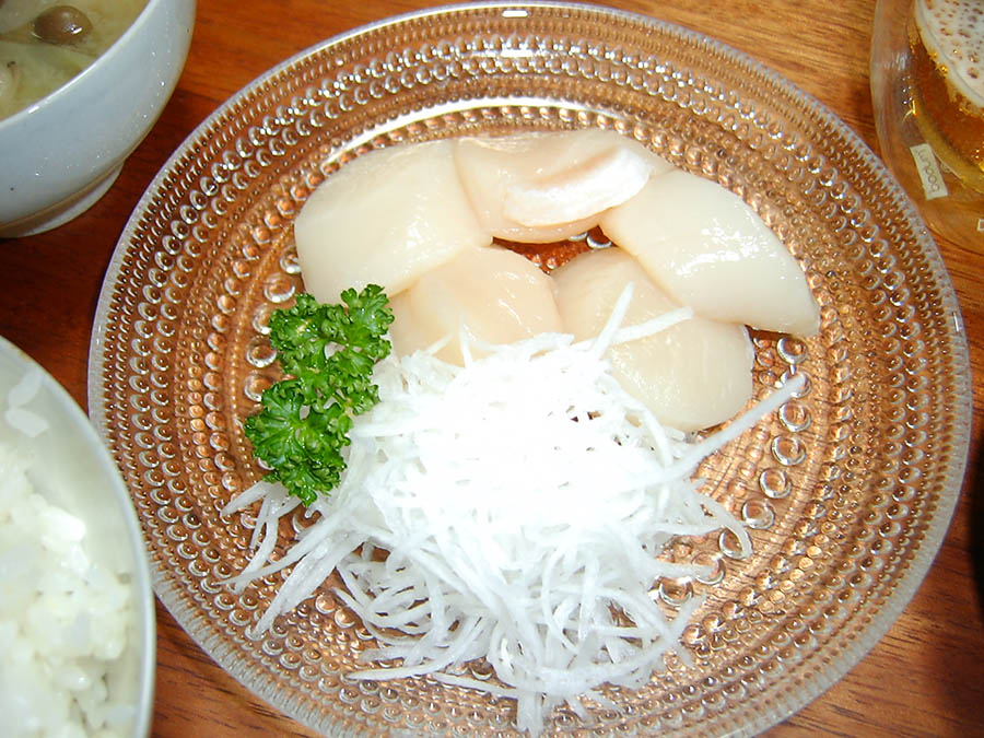 ホタテ貝柱のお造りとフライ