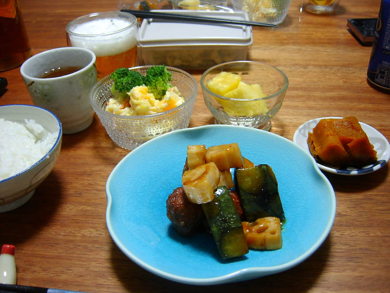 レンコンとカボチャと肉団子の照り焼き