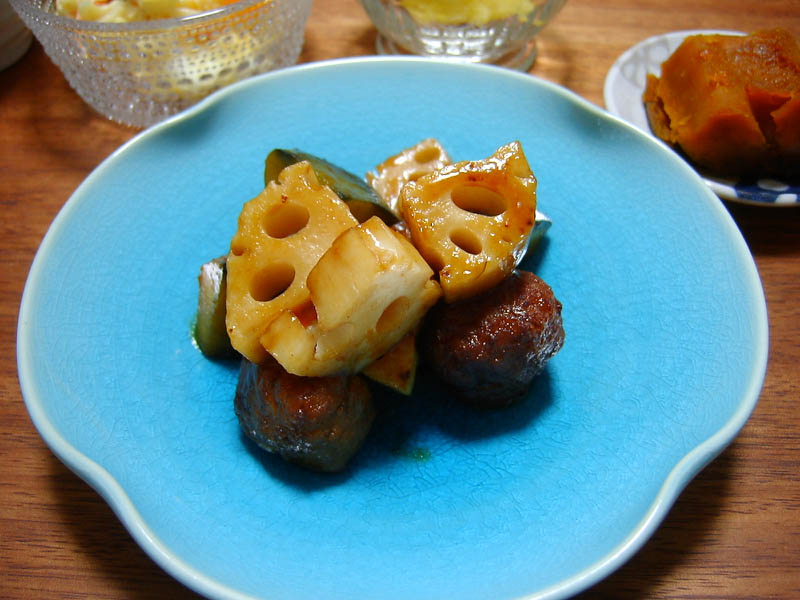 レンコンとカボチャと肉団子の照り焼き