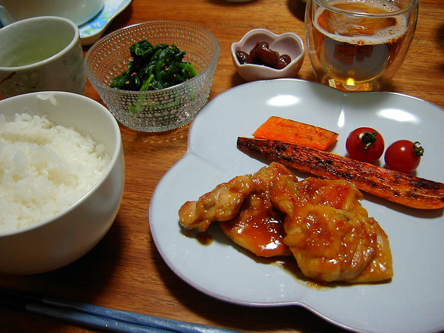 にんじんグリルとチキンの照り焼き