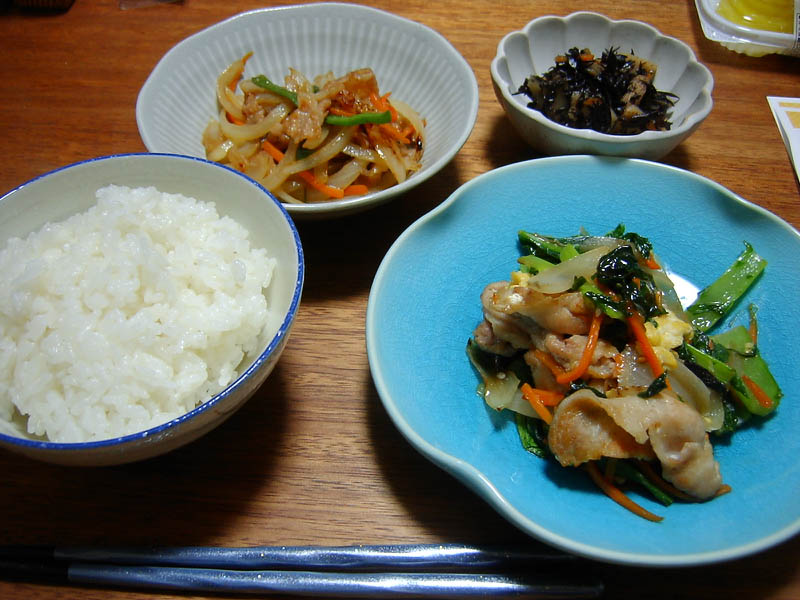 大和まなと豚肉の中華炒めと豚肉と玉ねぎのあま旨炒め